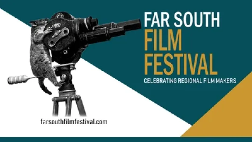 The Far South Film Festival logo, a vintage film camera on teal and gold
