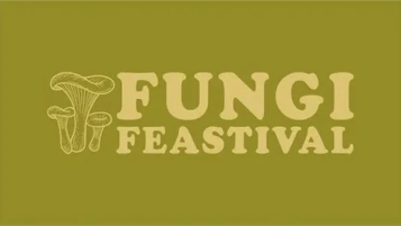 The Fungi Feastival logo, a line drawing of mushrooms on olive green