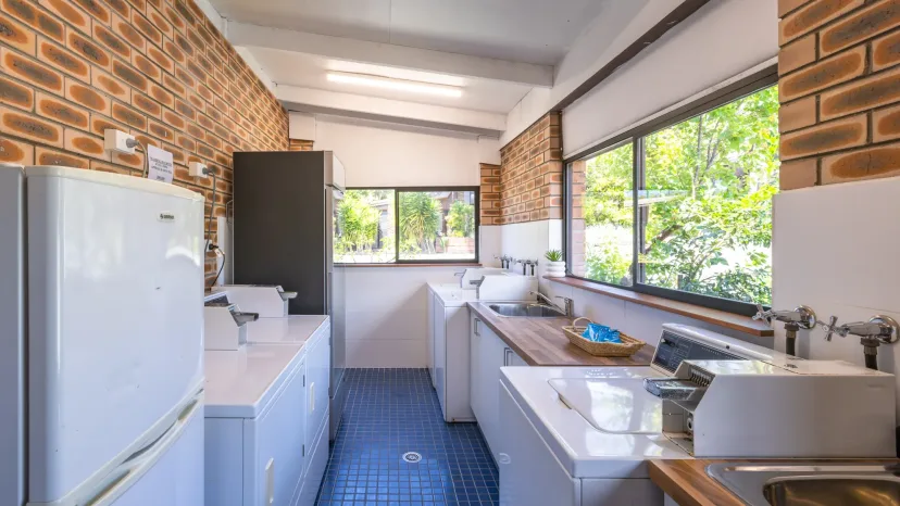 The communal guest laundry with coin-operated washing machines, dryers, sinks and the bait freezer