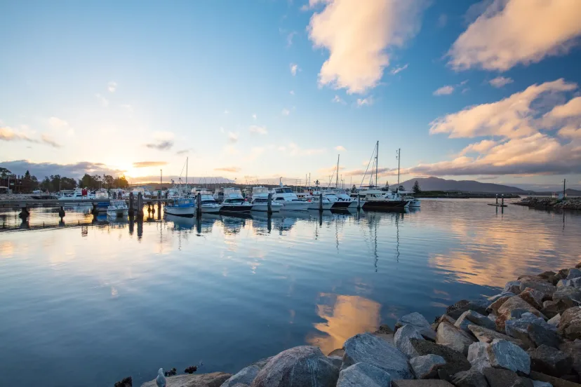 Bermagui marina at sunset, with boats moored along the breakwater