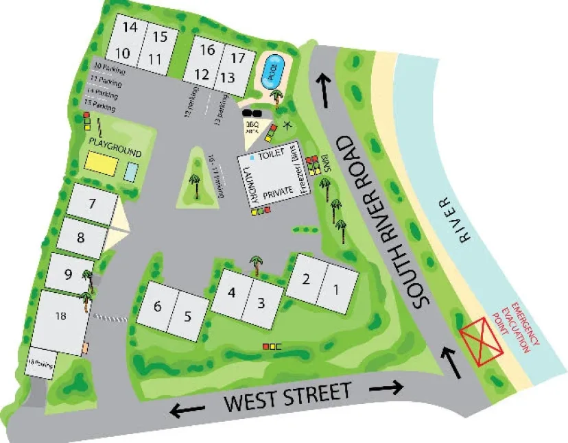 Map of The Anchorage Bermagui showing the apartment blocks numbered 1 to 18, the pool, BBQ area, playground, laundry, toilets and parking, between West Street and South River Road