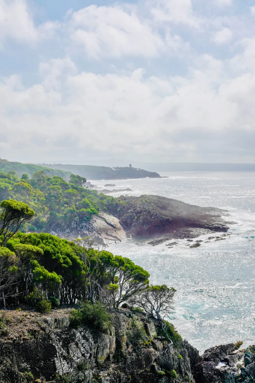 Waves breaking against the rocky coastline below a headland